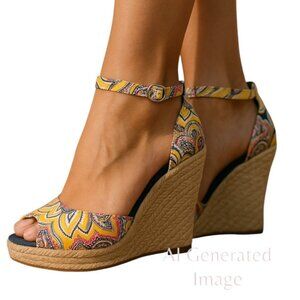 Tommy Hilfiger Colorful Floral Espadrille Platform Wedge Heel Sandals Size 7.5